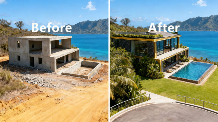 Thailand villa windows and doors before and after renovation