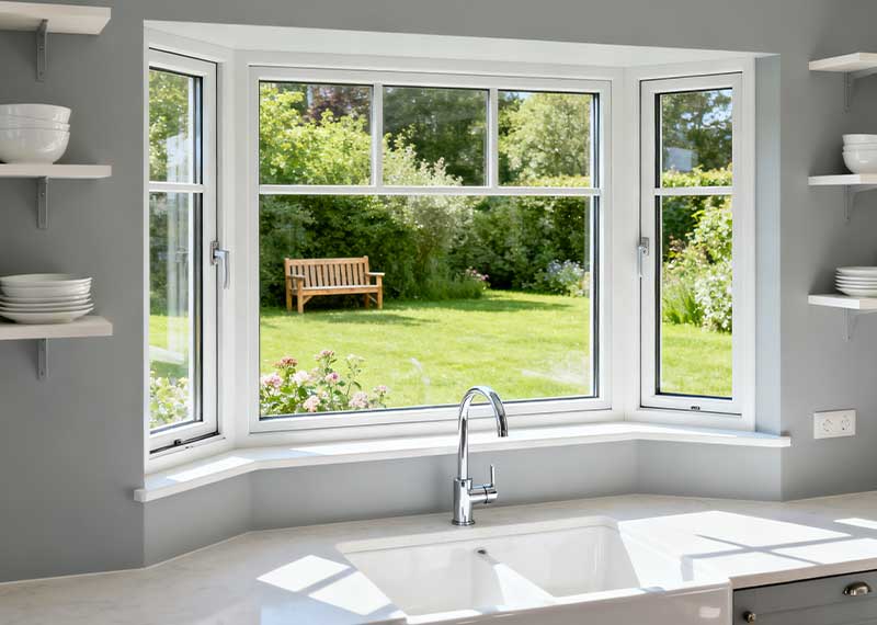 White Aluminum Bay Window Above Kitchen Sink